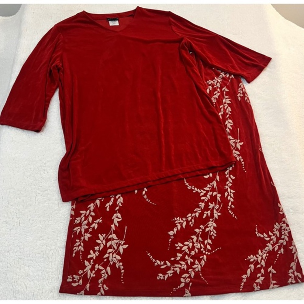 Red citiKnit 2 Piece Skirt Set Floral Maxi V-Neck Top Large Made in USA